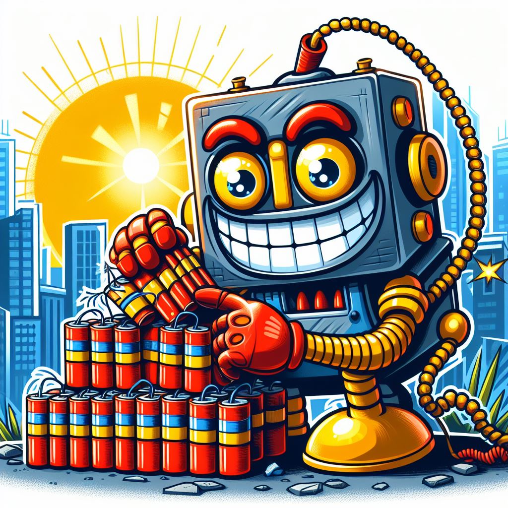 A cartoon of an evil robot playing with dynamite