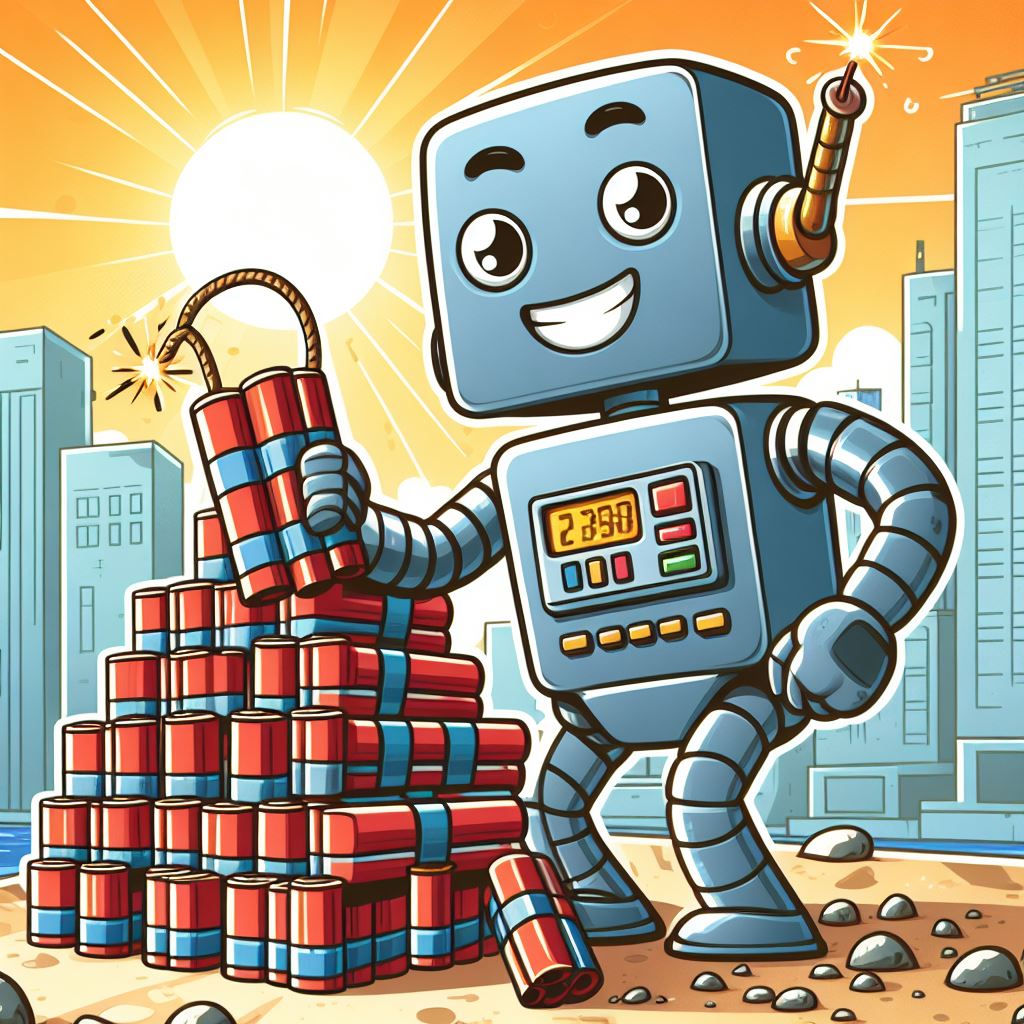 A cartoon of a smiling robot playing with dynamite